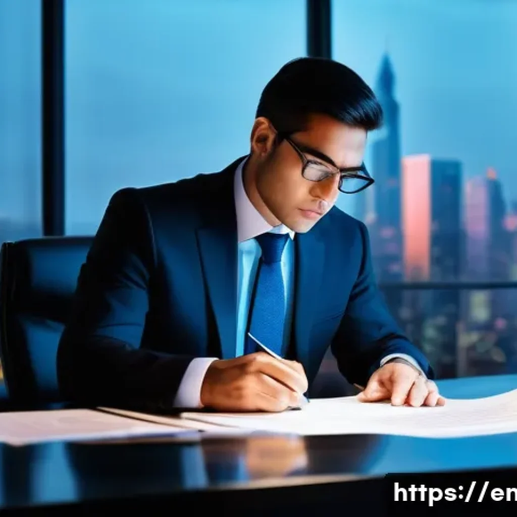 지적재산권 실무 면접에서 자주 나오는 질문 - **Prompt:** A focused and determined intellectual property lawyer, in a sharp business suit, intense...