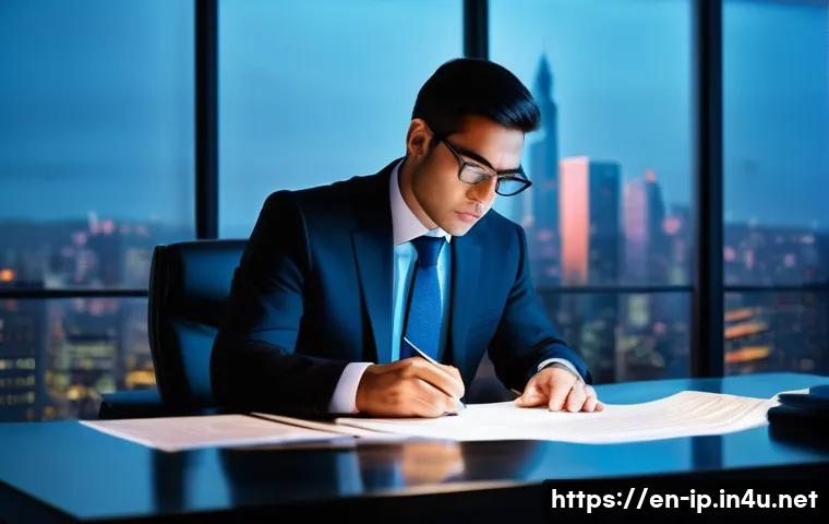 지적재산권 실무 면접에서 자주 나오는 질문 - **Prompt:** A focused and determined intellectual property lawyer, in a sharp business suit, intense...