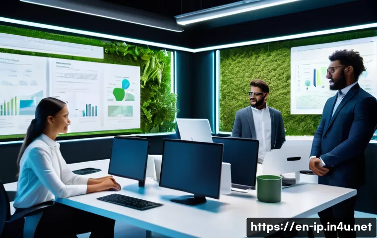 지적재산권과 기술 개발의 관계 - A modern startup office scene showing diverse entrepreneurs collaborating over futuristic technology...