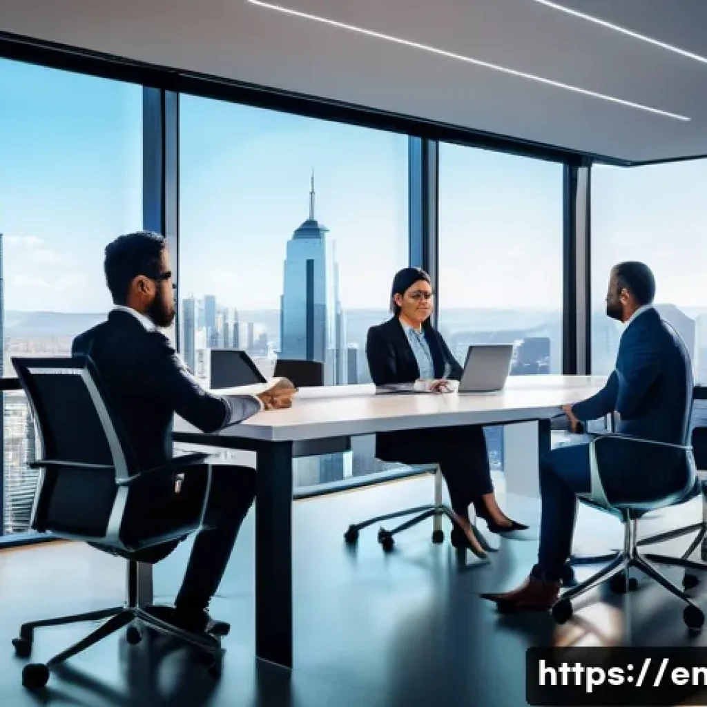 지적재산권과 비즈니스 전략 수립 - A modern office scene showing a diverse team of business professionals collaborating around a sleek ...