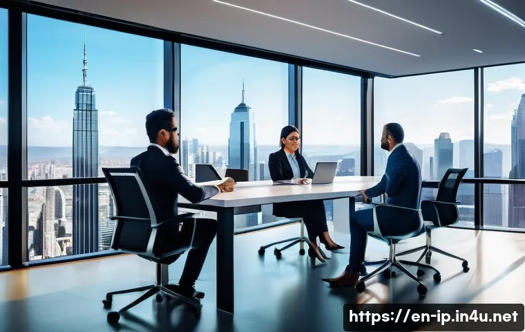 지적재산권과 비즈니스 전략 수립 - A modern office scene showing a diverse team of business professionals collaborating around a sleek ...
