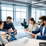 Home 21 지적재산권 전략 수립 과정 - A modern startup office scene showing a diverse group of professionals collaborating over patent des...