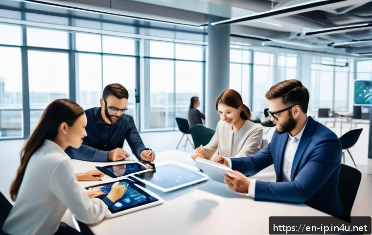 지적재산권 전략 수립 과정 - A modern startup office scene showing a diverse group of professionals collaborating over patent des...