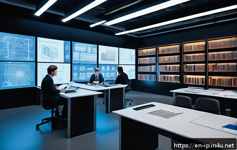 지적재산권 등록 과정과 실무 팁 - A professional office scene showing a diverse team of inventors and patent attorneys collaborating o...