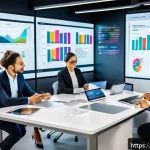Home 23 지적재산권 포트폴리오 작성법 - A sleek, modern office environment with diverse professionals collaborating around a large digital t...